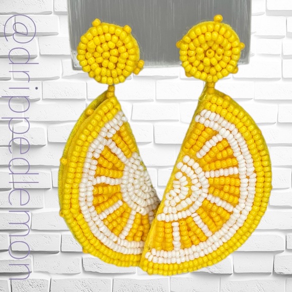 New Bohemian Handmade Bead Lemon Dangle Earrings for Women Beaded Summer Fun - Picture 2 of 4